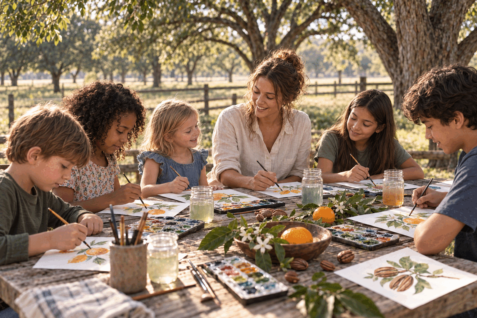 A diverse group of children painting botanicals and oranges with watercolors beside their instructor under the pecan trees at ORVIT